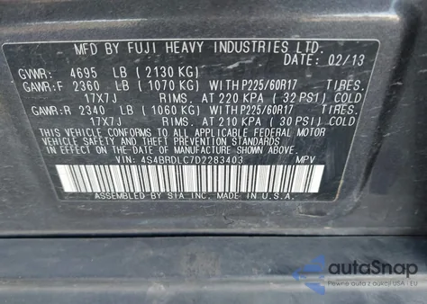 2013 Subaru Outback 3.6R Limited z USA, uszkodzony, nr VIN 4S4BRDLC7D2283403